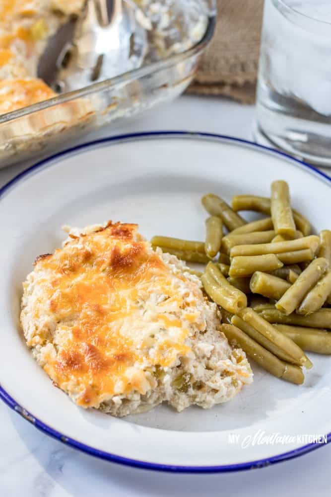 This easy chicken casserole with green chiles is perfect for those times you need an easy dinner recipe and are craving some healthy comfort food, too. This low carb chicken casserole will be a hit with the whole family! #keto #lowcarb #chickencasserole #lowcarbcasserole #trimhealthymama #thm #thms #greenchiles #mexicanfood #glutenfree #lowcarb