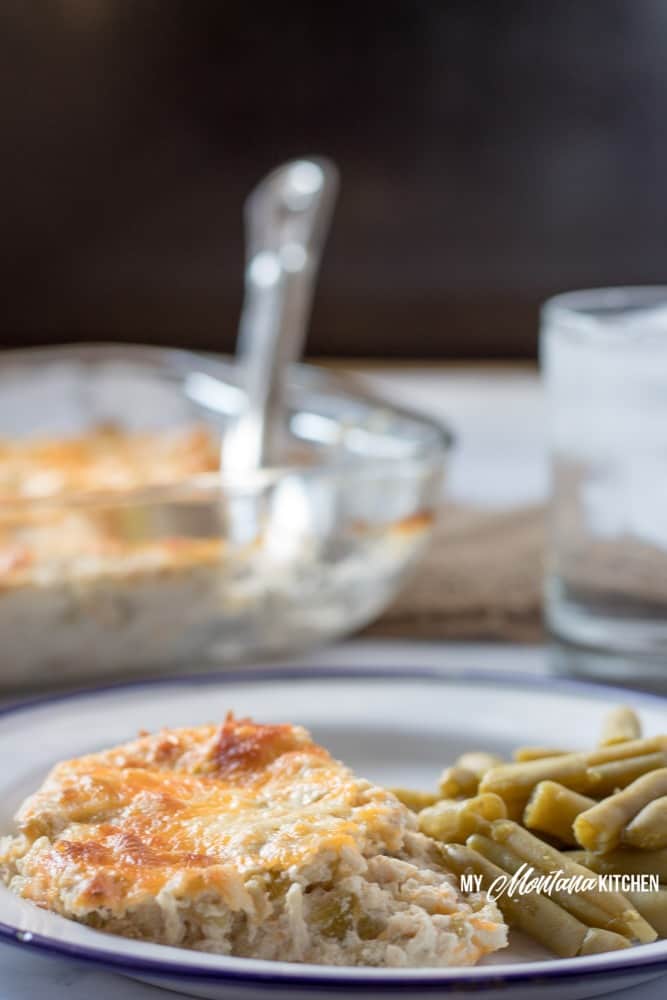 This easy chicken casserole with green chiles is perfect for those times you need an easy dinner recipe and are craving some healthy comfort food, too. This low carb chicken casserole will be a hit with the whole family! #keto #lowcarb #chickencasserole #lowcarbcasserole #trimhealthymama #thm #thms #greenchiles #mexicanfood #glutenfree #lowcarb