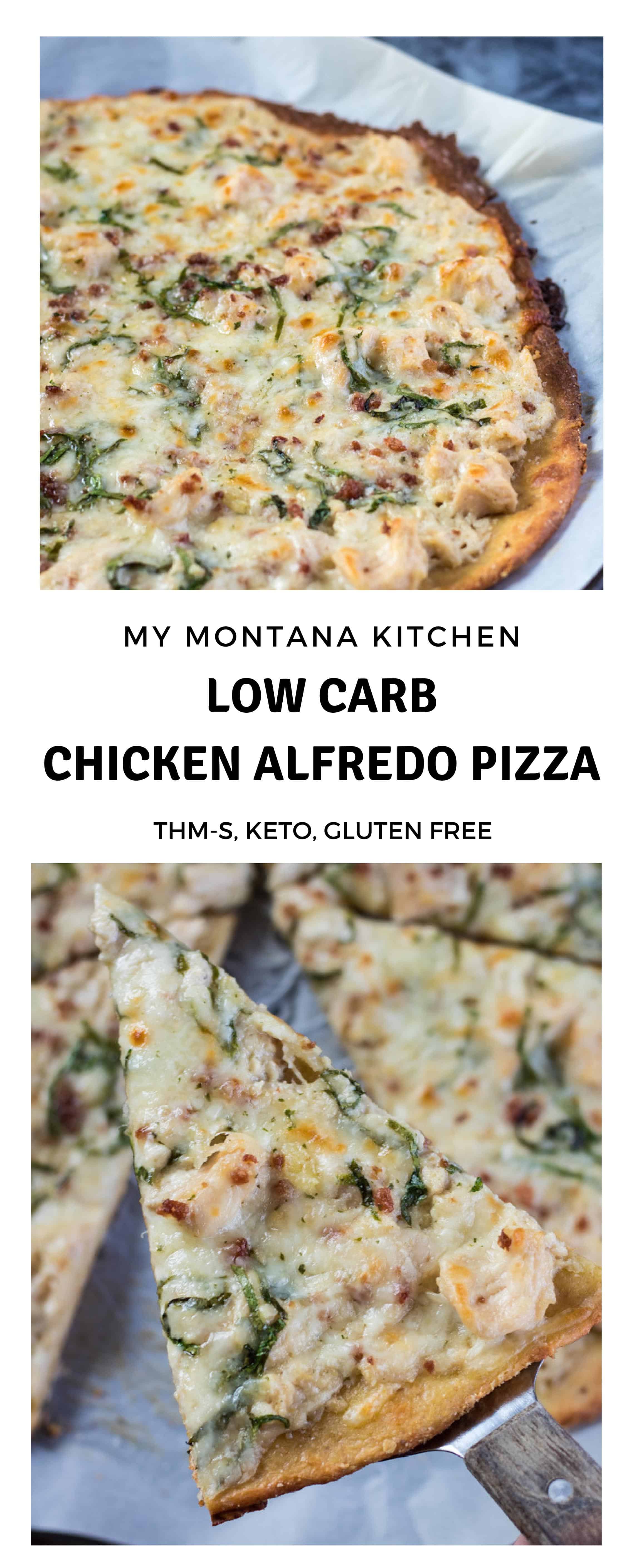 This low carb Chicken Alfredo Pizza recipe is a satisfying (and delicious!) gluten free pizza that you're going to want to make again and again. Just because you're eating low carb, doesn't mean you have to sacrifice your favorite foods. This low carb Chicken Alfredo Pizza recipe is proof of that! With the perfect low carb crust and creamy parmesan garlic sauce, this Chicken Alfredo Pizza makes a great low carb family dinner! #pizza #lowcarbpizza #ketopizza #alfredo #alfredopizza #lowcarb #keto #glutenfree #trimhealthymama #thms #thmpizzarecipe #familydinnerrecipe