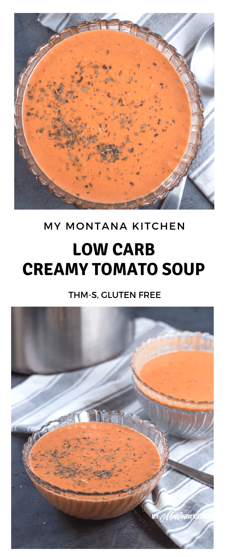 This creamy low carb tomato soup makes an easy dinner idea for families, or makes a great easy lunch! Leftovers can easily be reheated for later, making this a versatile healthy meal idea! #lowcarb #thm #trimhealthymama #tomato #tomatosoup #glutenfree #lowcarbsoup #healthymealidea #easylowcarbrecipe #trimhealthymamasoup