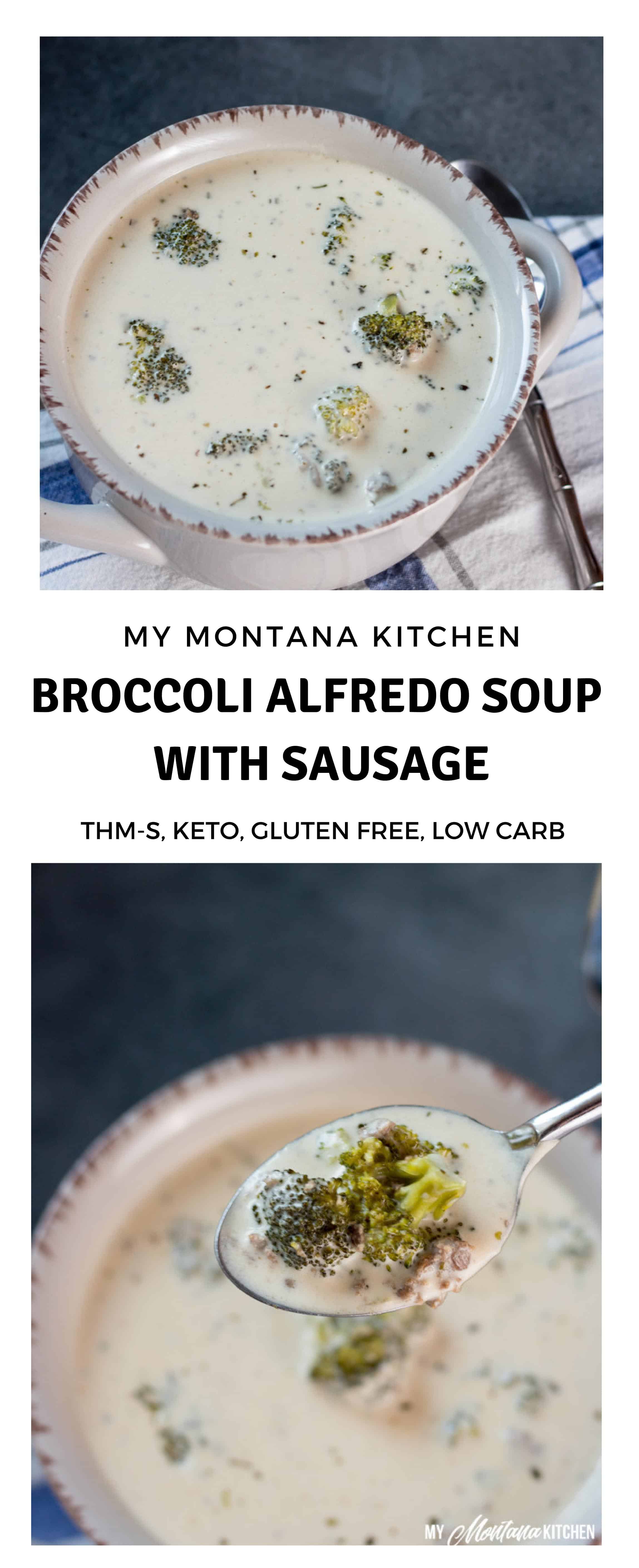 Rich, creamy Broccoli Alfredo Soup with Sausage. This low carb soup easily qualifies as low carb comfort food. This Sausage Soup also works as a Trim Healthy Mama S Dinner Recipe. #lowcarb #glutenfree #healthysoup #broccolialfredo #broccolisoup #trimhealthymama #thm #thmsoup #lowcarbsoup #lowcarbcomfortfood #lowcarbalfredo