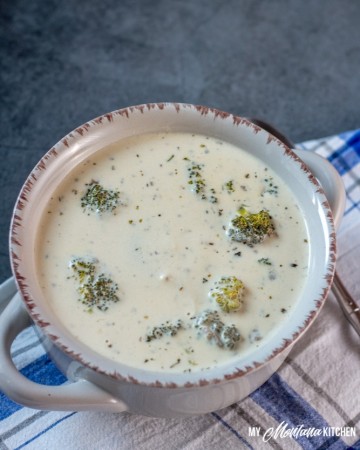 Rich, creamy Broccoli Alfredo Soup with Sausage. This low carb soup easily qualifies as low carb comfort food. This Sausage Soup also works as a Trim Healthy Mama S Dinner Recipe. #lowcarb #glutenfree #healthysoup #broccolialfredo #broccolisoup #trimhealthymama #thm #thmsoup #lowcarbsoup #lowcarbcomfortfood #lowcarbalfredo