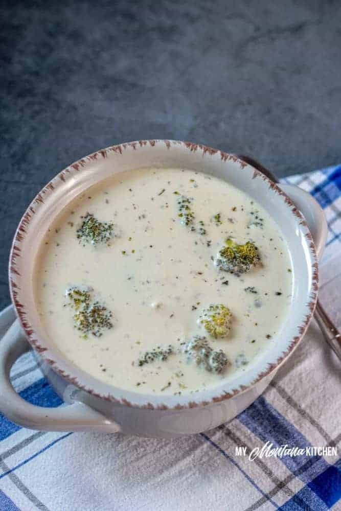 Rich, creamy Broccoli Alfredo Soup with Sausage. This low carb soup easily qualifies as low carb comfort food. This Sausage Soup also works as a Trim Healthy Mama S Dinner Recipe. #lowcarb #glutenfree #healthysoup #broccolialfredo #broccolisoup #trimhealthymama #thm #thmsoup #lowcarbsoup #lowcarbcomfortfood #lowcarbalfredo