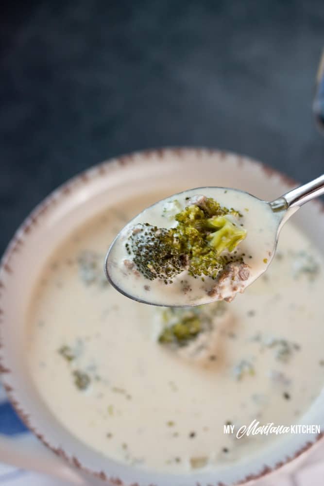 Rich, creamy Broccoli Alfredo Soup with Sausage. This low carb soup easily qualifies as low carb comfort food. This Sausage Soup also works as a Trim Healthy Mama S Dinner Recipe. #lowcarb #glutenfree #healthysoup #broccolialfredo #broccolisoup #trimhealthymama #thm #thmsoup #lowcarbsoup #lowcarbcomfortfood #lowcarbalfredo