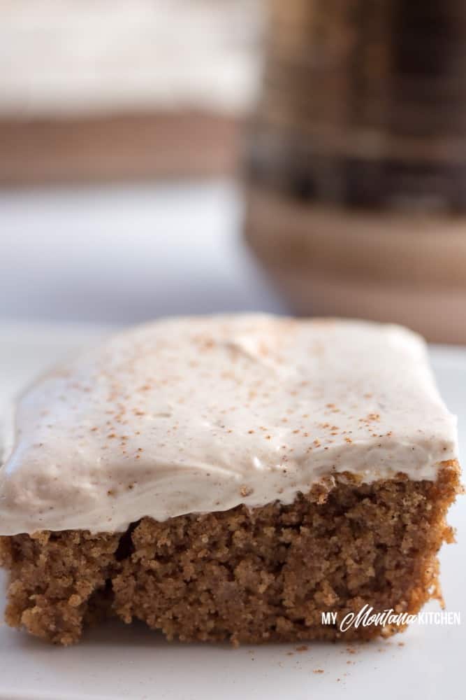 Cinnamon Spice Cake is delicious, especially when you top it with cinnamon cream cheese frosting. This low carb spice cake recipe without applesauce is delicious in fall and throughout the holidays...or any time. This recipe also works as a Trim Healthy Mama S Dessert Recipe. #lowcarbspicecake #lowcarb #sugarfree #glutenfree #cinnamon #lowcarbcinnamon #healthycake #trimhealthymama #thms #thmdessertrecipe #thmspicecake