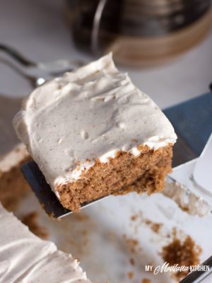 Cinnamon Spice Cake is delicious, especially when you top it with cinnamon cream cheese frosting. This low carb spice cake recipe without applesauce is delicious in fall and throughout the holidays...or any time. This recipe also works as a Trim Healthy Mama S Dessert Recipe. #lowcarbspicecake #lowcarb #sugarfree #glutenfree #cinnamon #lowcarbcinnamon #healthycake #trimhealthymama #thms #thmdessertrecipe #thmspicecake