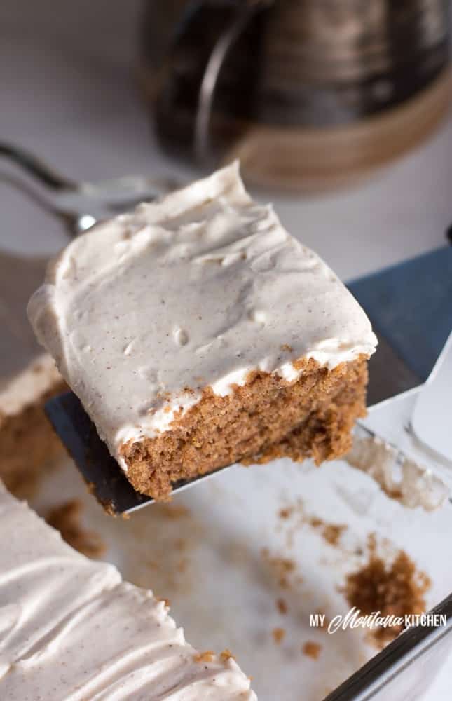 Cinnamon Spice Cake is delicious, especially when you top it with cinnamon cream cheese frosting. This low carb spice cake recipe without applesauce is delicious in fall and throughout the holidays...or any time. This recipe also works as a Trim Healthy Mama S Dessert Recipe. #lowcarbspicecake #lowcarb #sugarfree #glutenfree #cinnamon #lowcarbcinnamon #healthycake #trimhealthymama #thms #thmdessertrecipe #thmspicecake