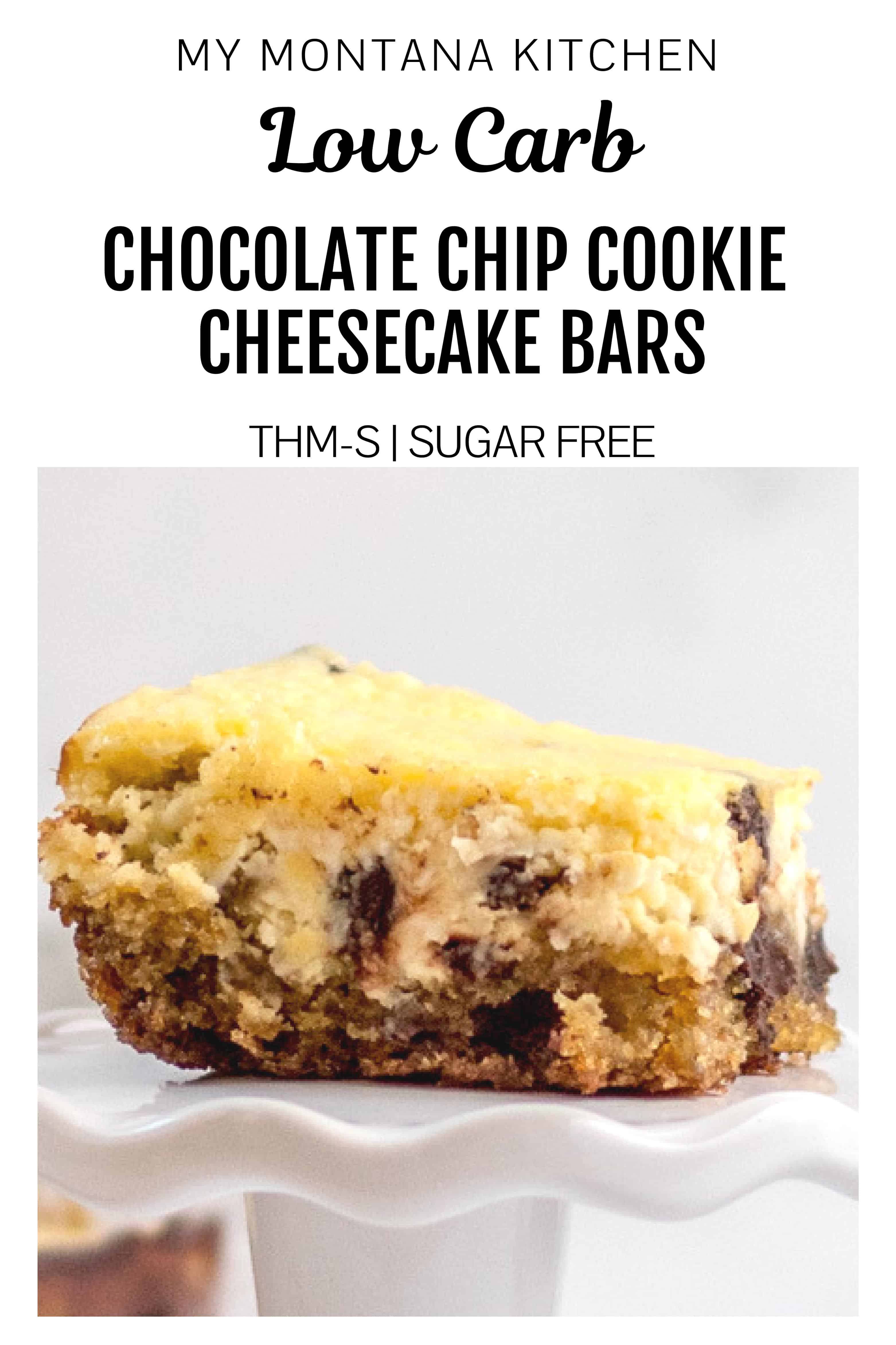 Low Carb Chocolate Chip Cookie Cheesecake bars are a decadent, delicious, low carb dessert that everyone will love! Dense sugar free chocolate chip cookie crust topped with rich, decadent cheesecake! #lowcarbcheesecake #lowcarbchocolatechipcookie