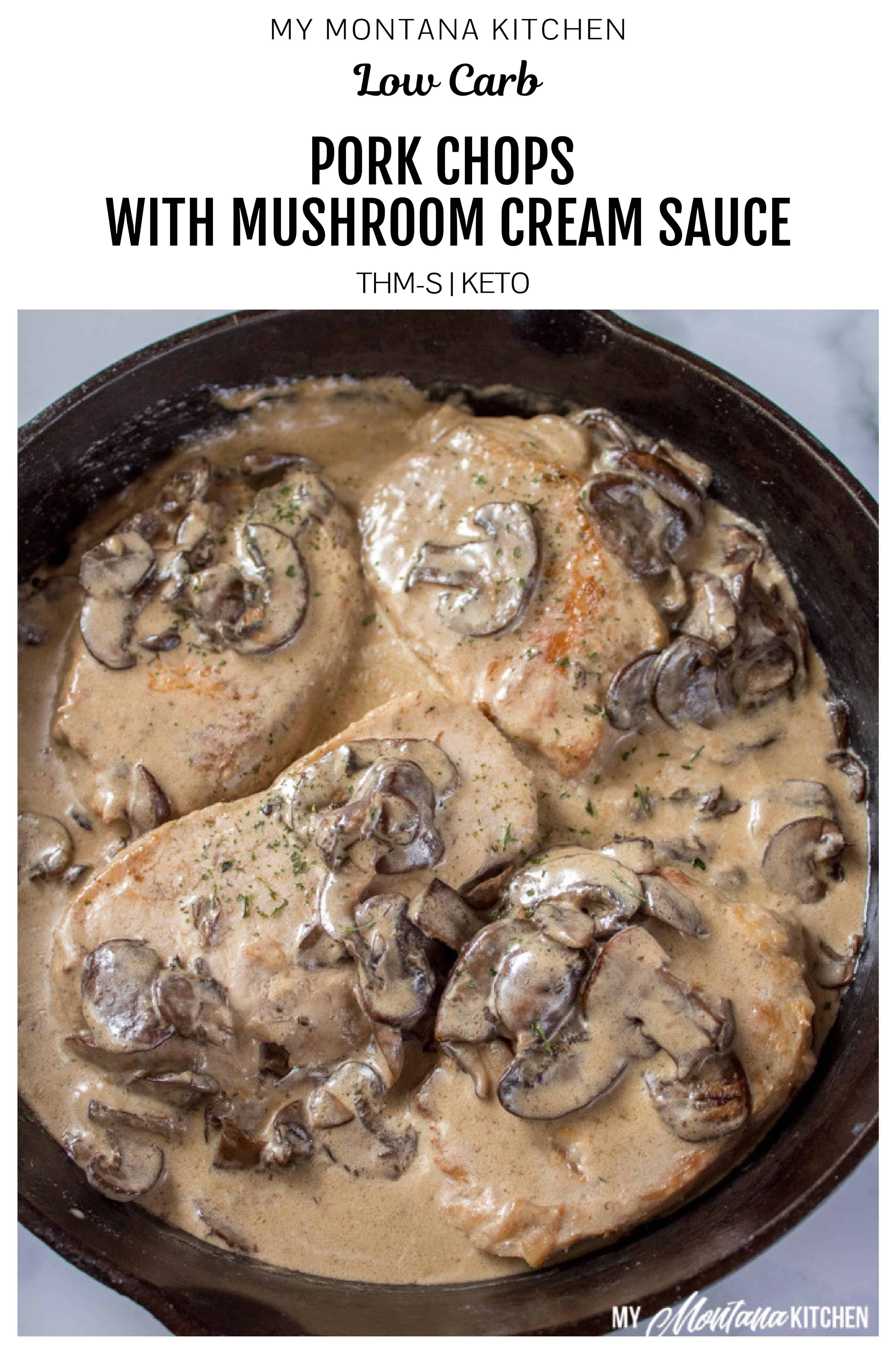 These pan seared pork chops topped with creamy mushroom sauce provide an easy, delicious, one skillet meal perfect for a busy weeknight dinner or a special occasion. You're going to love the gluten free pork chop gravy on top of your tender meat. This pan fried pork chops recipe has no flour and is low carb, but rich in flavor and sure to please. #skilletporkshops #mushroomgravy