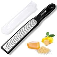 Raniaco Zester Stainless Steel Grater, Long Ergonomic Handle Cheese, Lemon, Ginger & Potato Zester with Plastic Cover, with Rubber Base (Black)