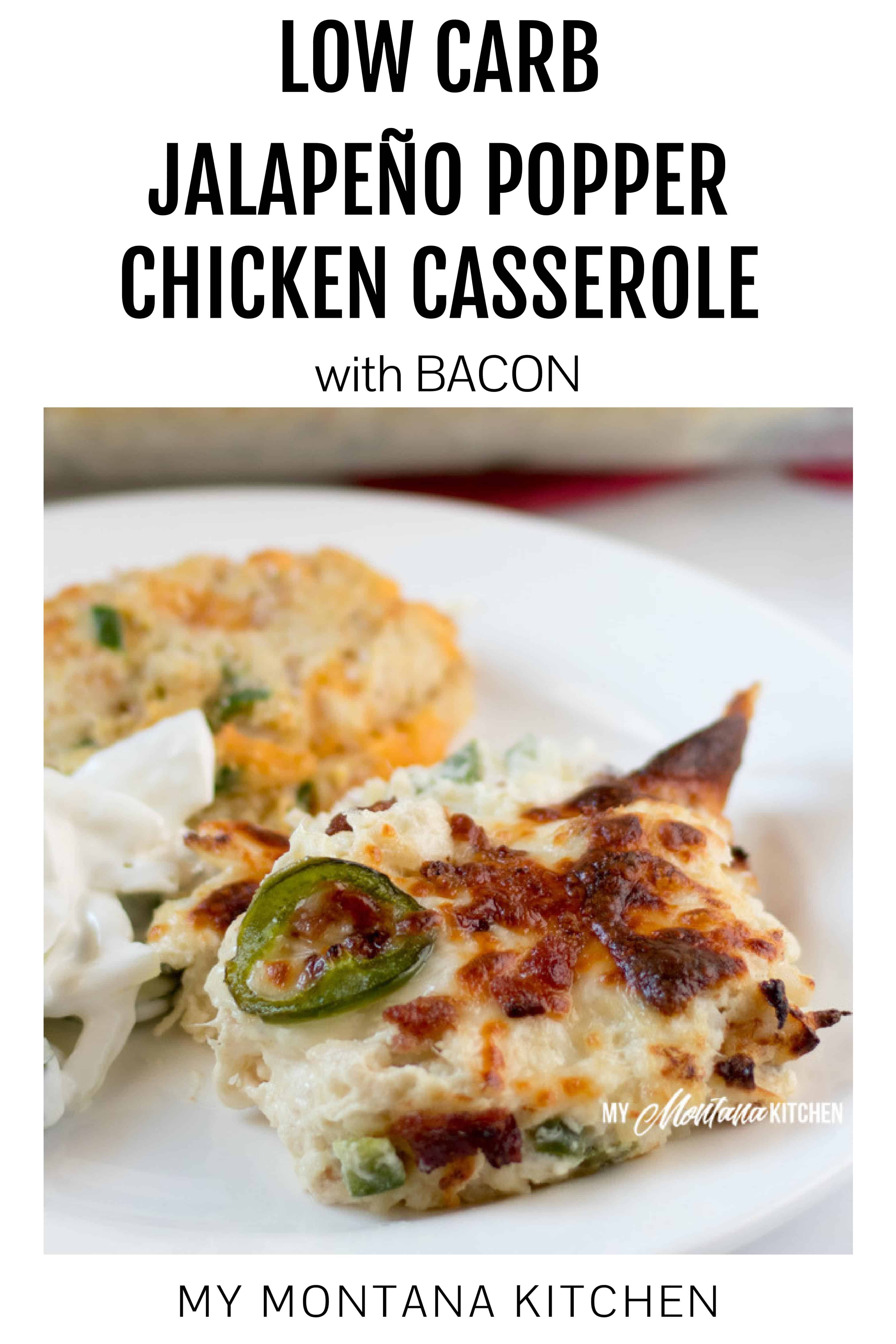 This low carb keto chicken casserole is spicy, savory, and downright mouthwatering. Jalapeño popper chicken casserole with bacon is about to become a weeknight favorite in your home when you need an easy, one dish keto dinner that the whole family will enjoy. Serve it up all on its own or with your vegetables or fresh salad on the side. #ketochickencasserole #lowcarbchickenrecipe
