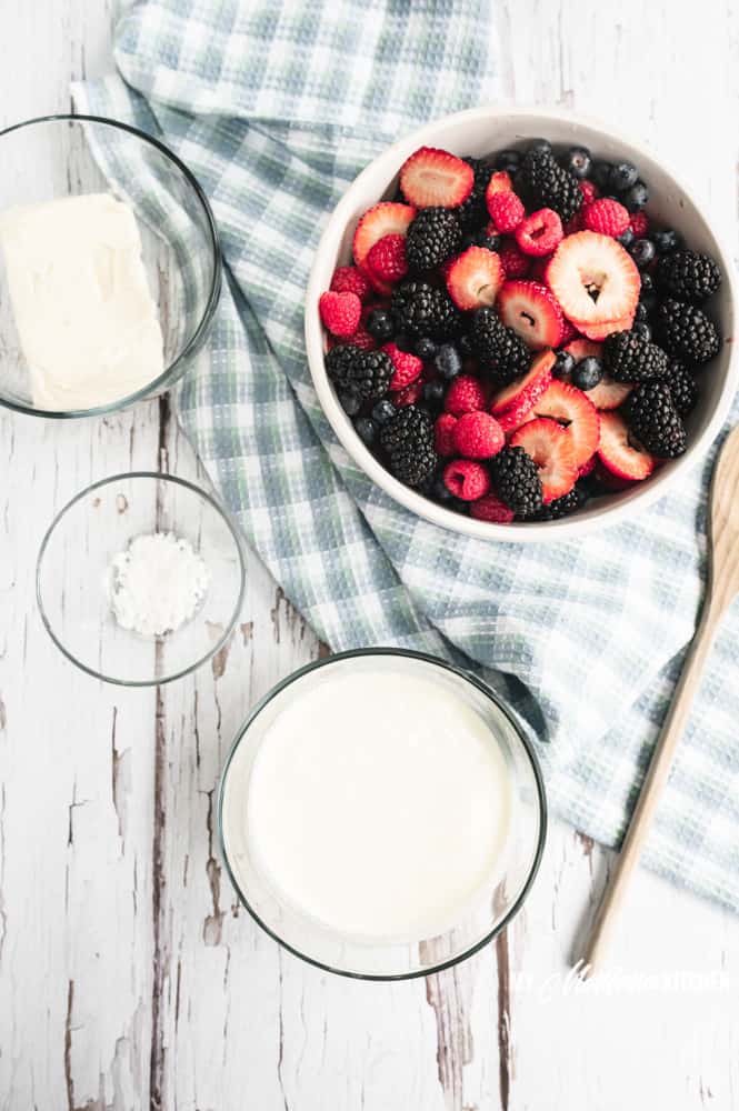 This Cheesecake Berry Salad is a Sugar Free, THM, Keto Dessert recipe! Filled with fresh berries, cream cheese, and whipping cream, it is always devoured quickly! #cheesecakeberrysalad #thm #sugarfree