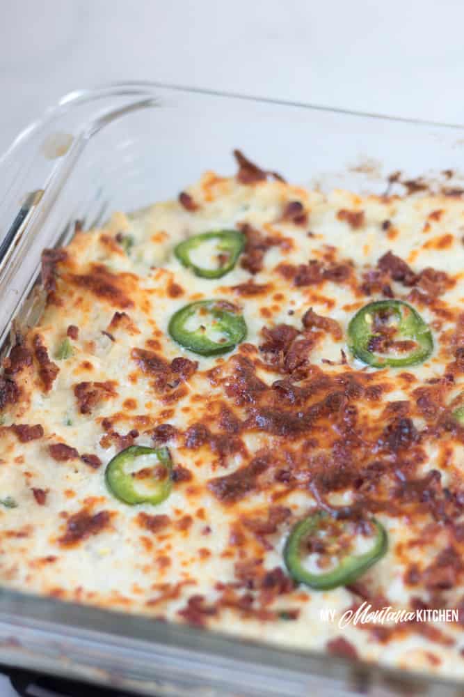 This easy, creamy, cheesy low carb jalapeno chicken popper casserole makes a great low carb family dinner recipe! (This is also a THM friendly casserole.) Enjoy with a side salad, and you have an easy dinner! #ketochickencasserole #lowcarbjalapenopoppercasserole