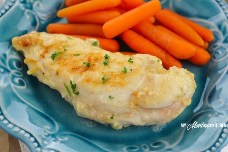 creamy garlic chicken on blue plate