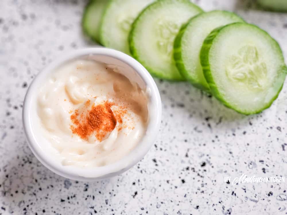 spicy mayo with sliced cucumbers