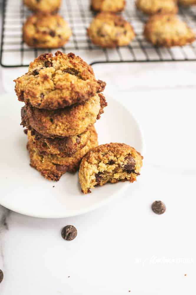 low carb chocolate chip cookie stack with a bite out
