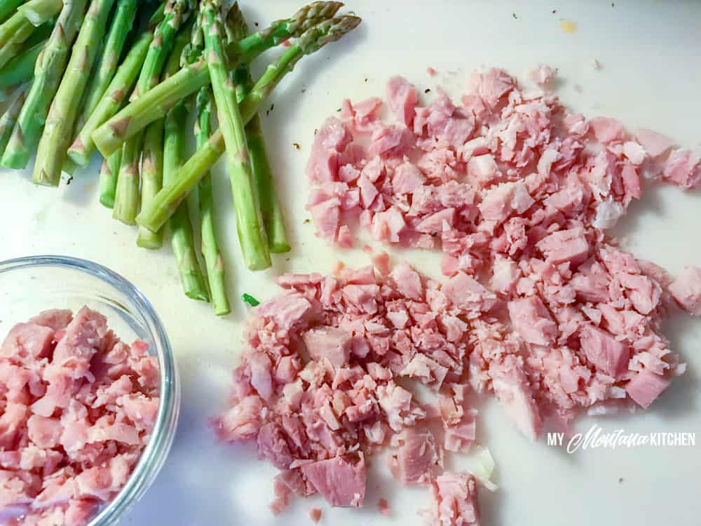 Ingredients for crustless asparagus ham quiche