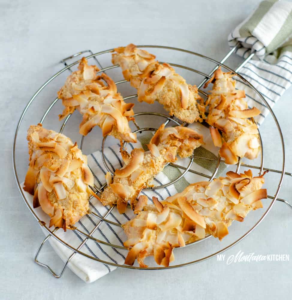 coconut crusted chicken tenders on wire rack
