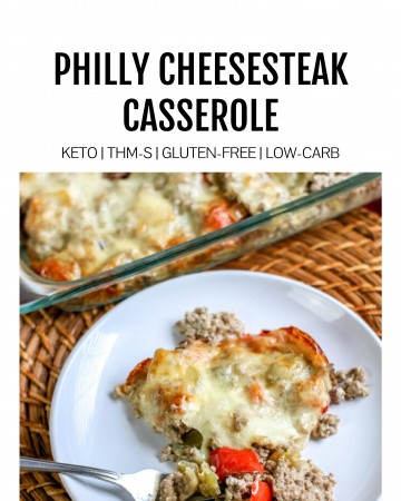 philly cheesesteak casserole on white plate with fork