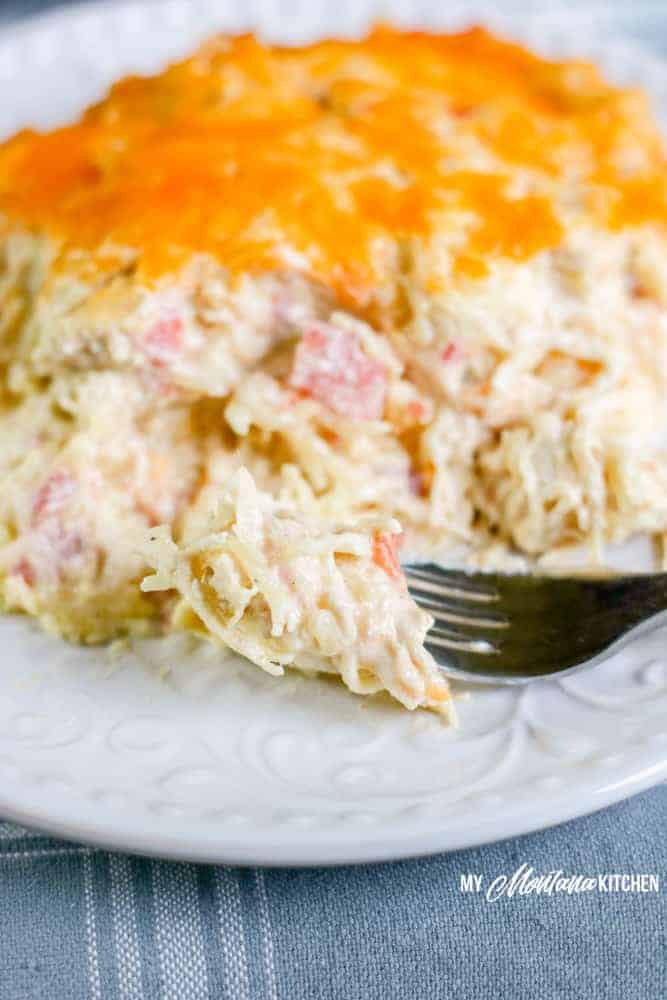cheesy chicken spaghetti on white plate with fork