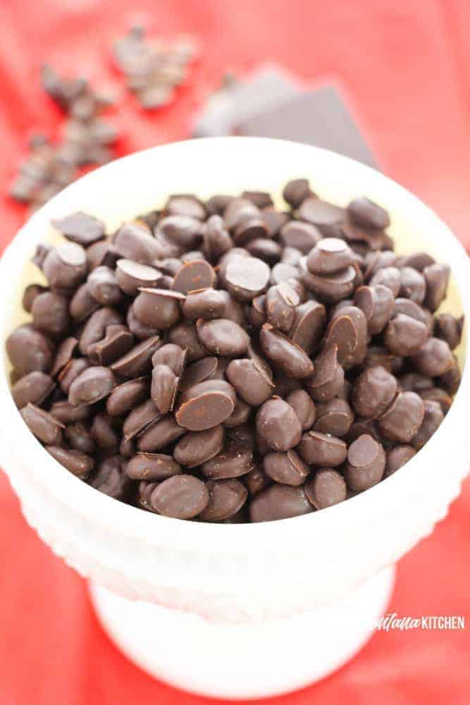 chocolate covered espresso beans in white dish