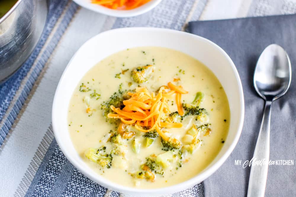 Bowl of low-carb broccoli cheese soup that's been made in the Instant Pot