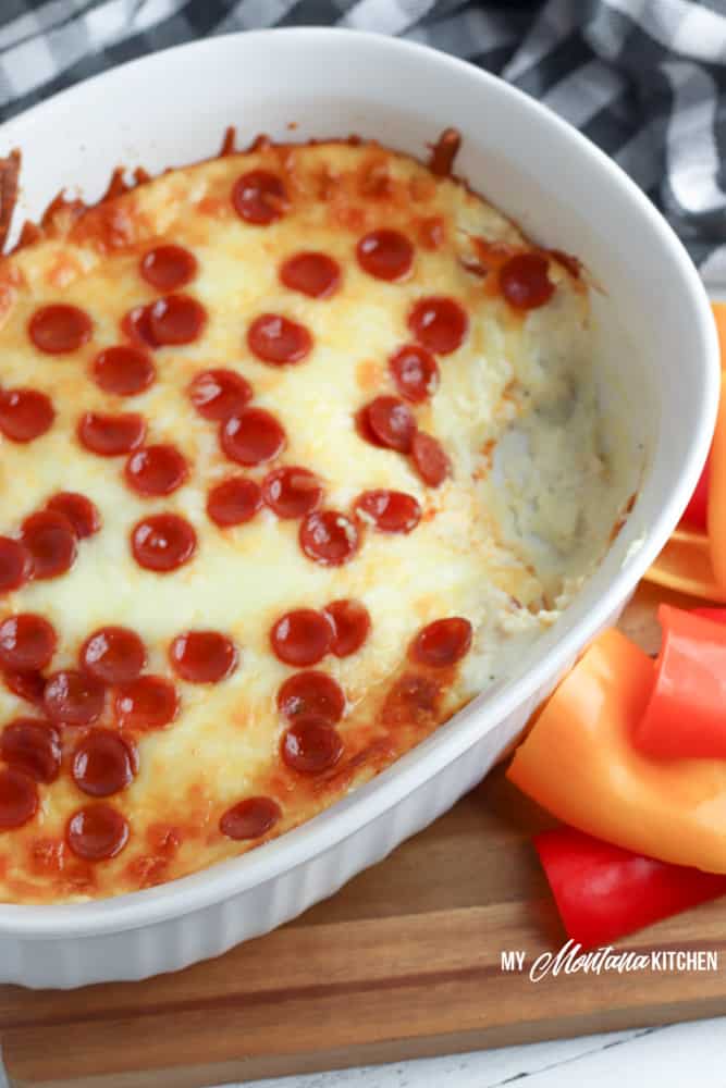 Bowl of low carb cheesy pepperoni dip