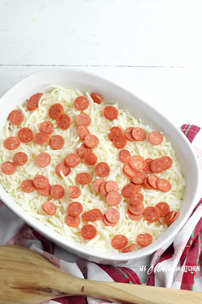 Low carb pepperoni dip top with mini pepperoni