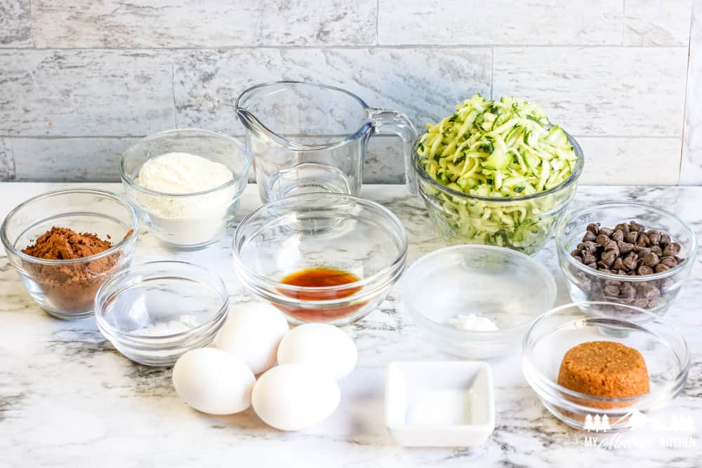 Ingredients for low carb chocolate zucchini bread