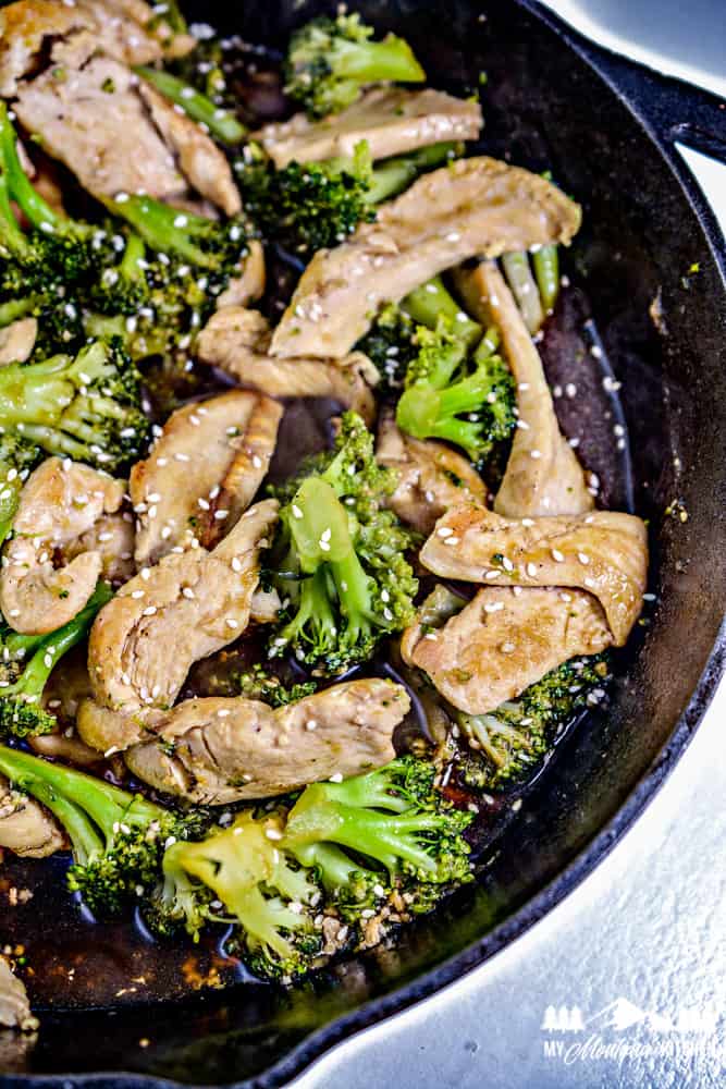 keto chicken and broccoli in iron skillet