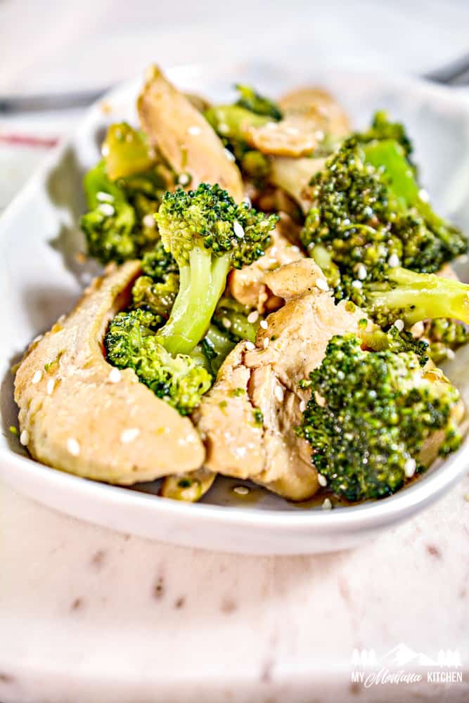 keto chinese chicken and broccoli in white dish
