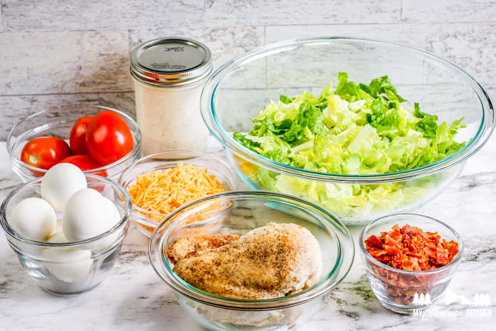 cobb salad ingredients in bowls