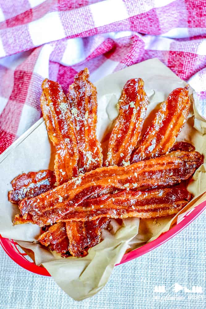 keto candied bacon in red basket