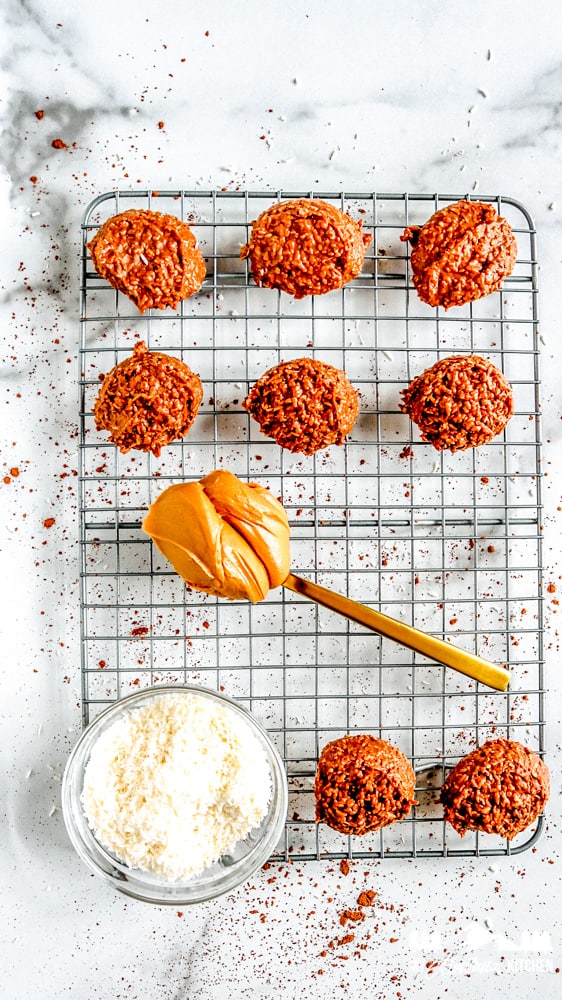 no bake cookies with peanut butter and coconut on wire rack