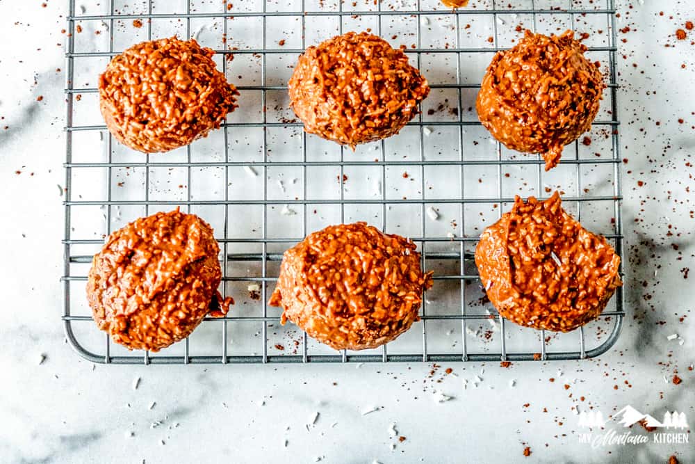 keto no bake cookies on wire rack