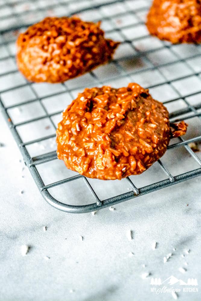 close up of keto no bake cookie on wire rack