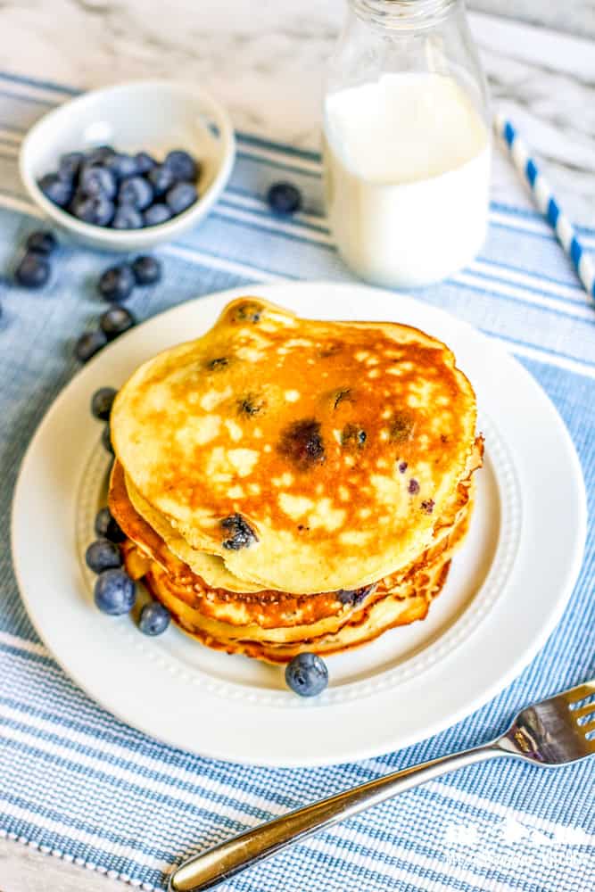 low carb blueberry pancakes on white plate