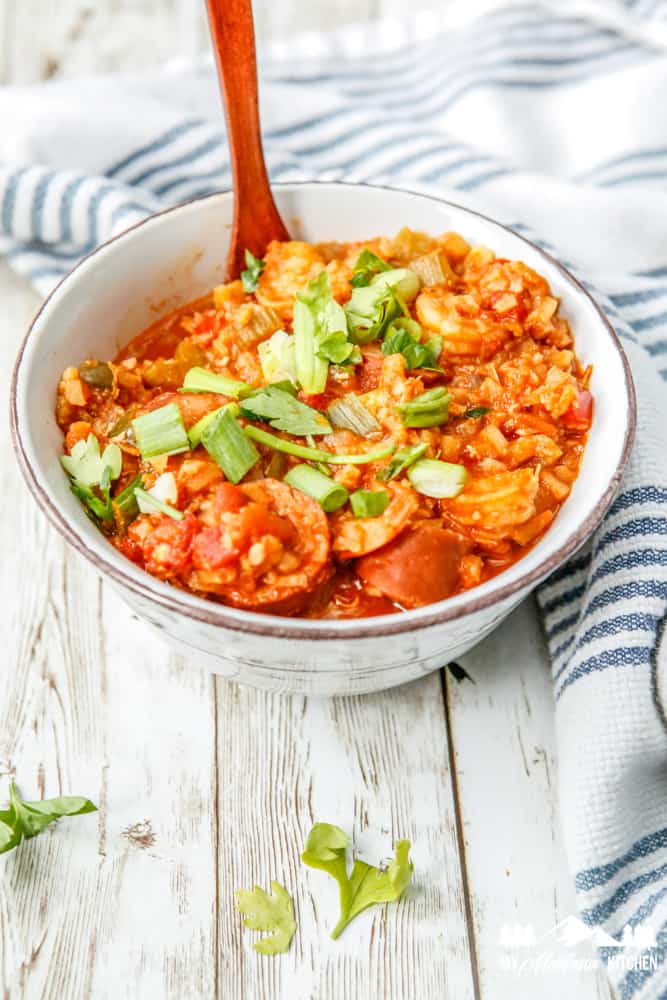 low carb jambalaya in white bowl