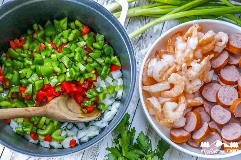  vegetables in pot and shrimp and sausage