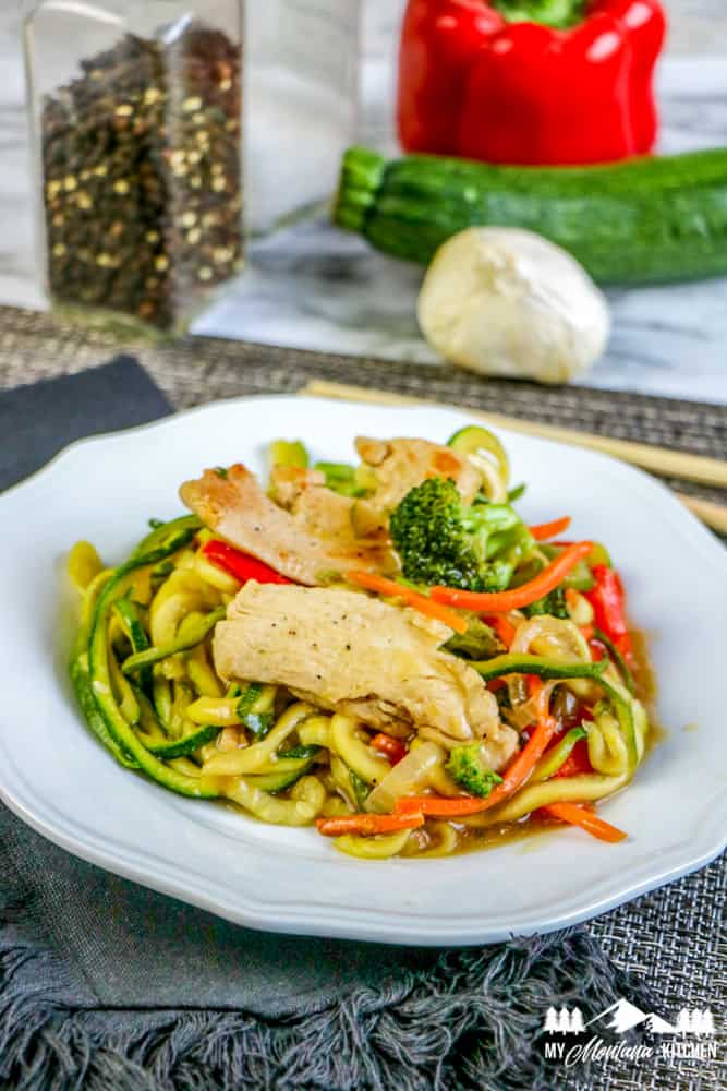 keto chinese lo mein in white dish with chopsticks