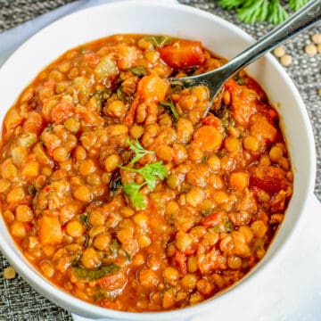 instant pot lentil soup with spoon