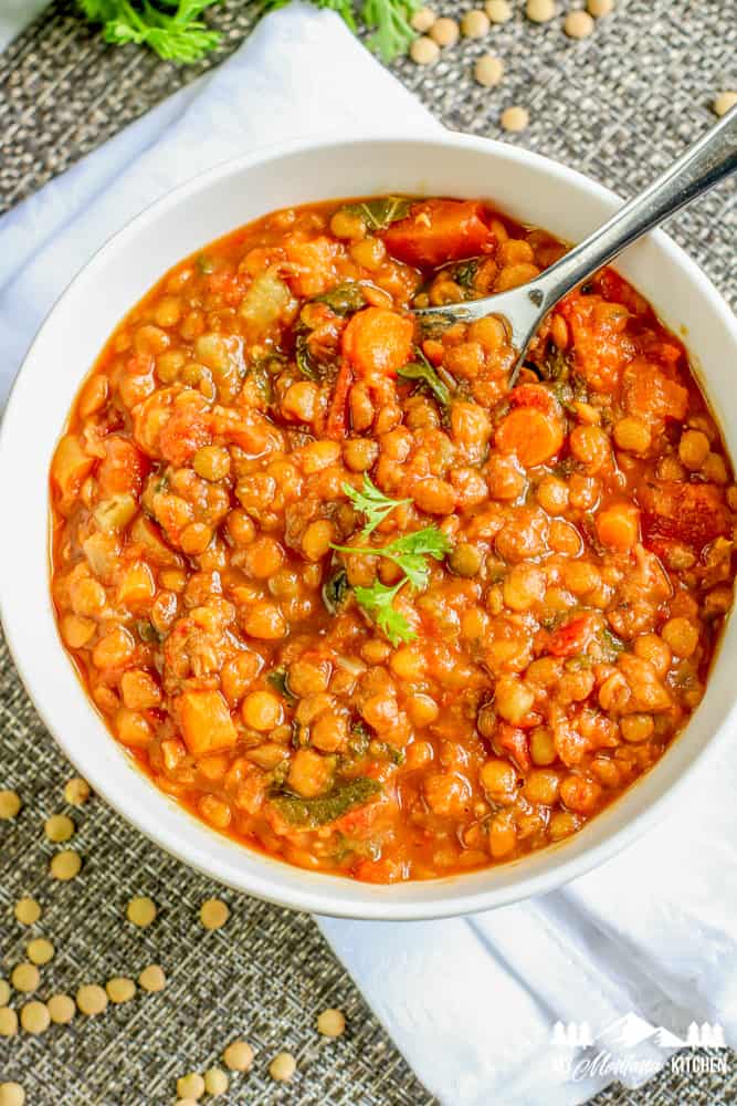 instant pot lentil soup with spoon