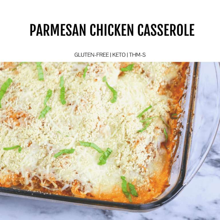 parmesan chicken casserole in glass pyrex casserole dish