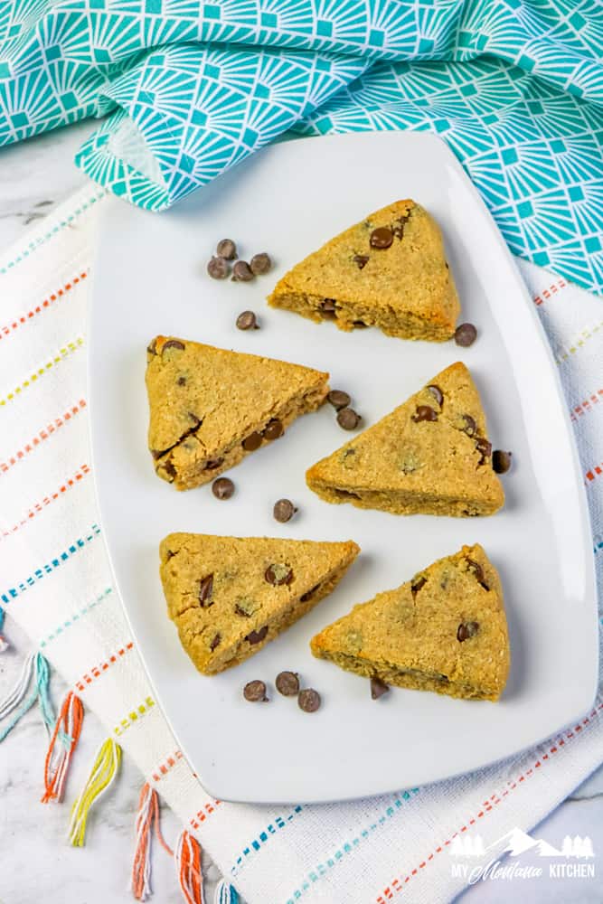 peanut butter chocolate chip scones on white plate