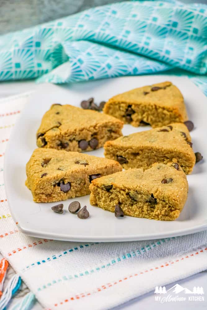 peanut butter chocolate chip scones on white plate
