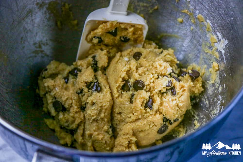 scone dough with chocolate chips in mixing bowl