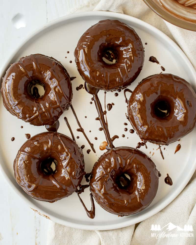 sugar free chocolate donuts with chocolate glaze on white plate
