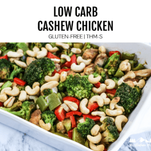 low carb cashew chicken in white baking dish