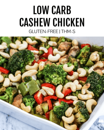 low carb cashew chicken in white baking dish