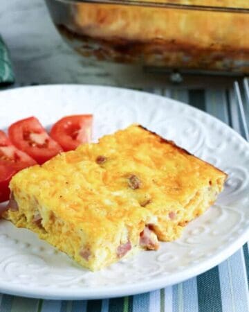 ham egg and cheese casserole on white plate